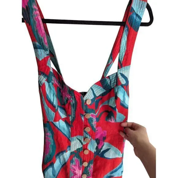 Farm Rio dress size XL Summer Foliage linen mini‎ red floral resort - Picture 5 of 8